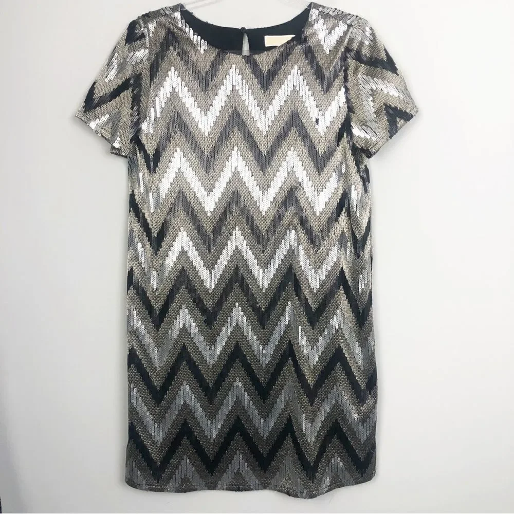 MICHAEL KORS | Sequin Gold Silver Black Chevron Mini Dress Women’s Size 2